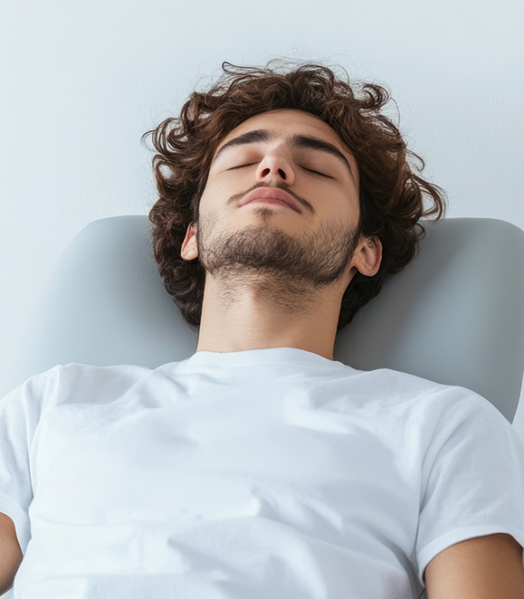 Young man relaxing in the dental chair thanks to sedation dentistry in Medford